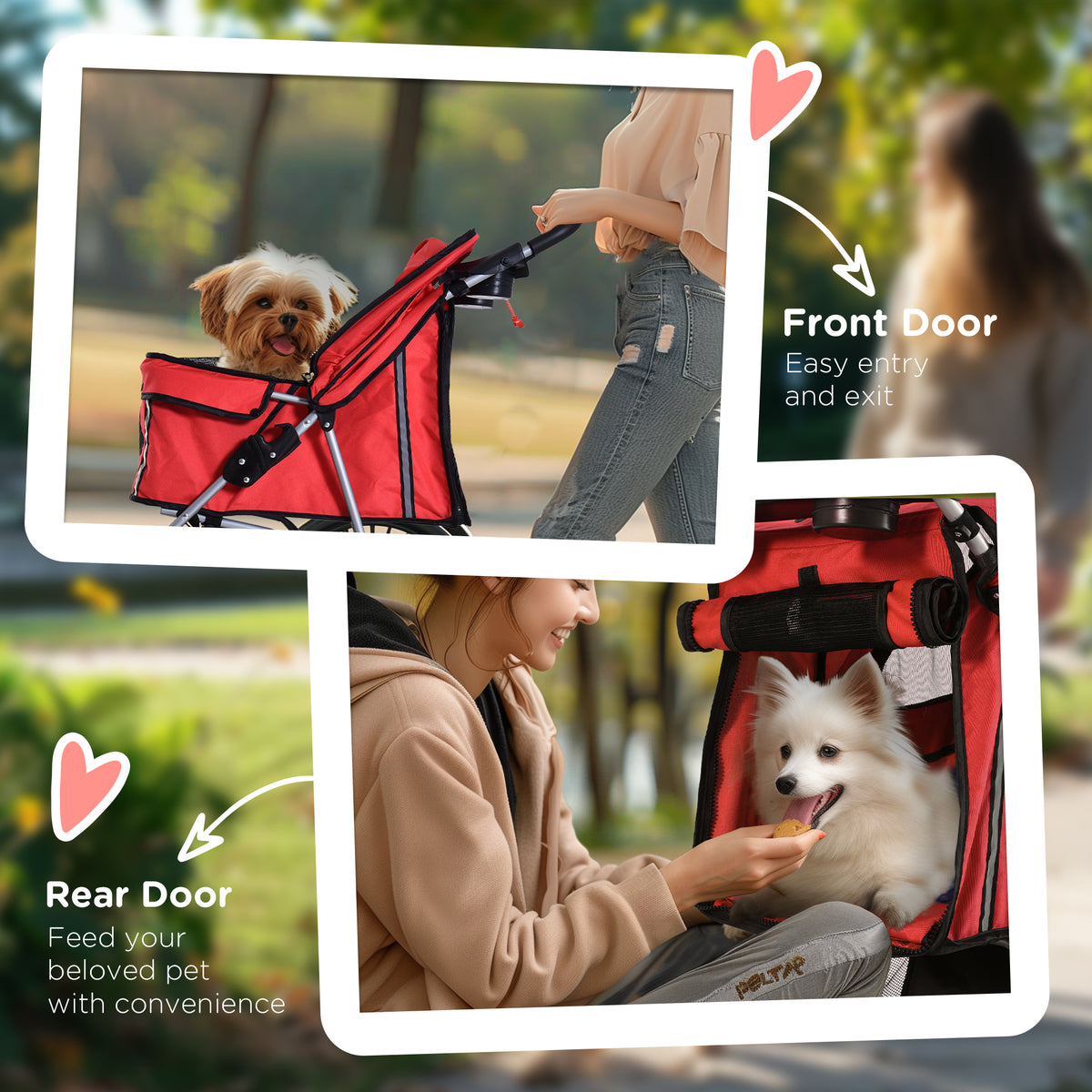 Red pet stroller with front entry and rear access for feeding a pet
