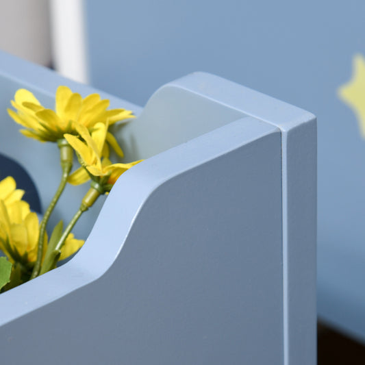 Blue wooden toy chest with a rounded side panel and raised edge detail