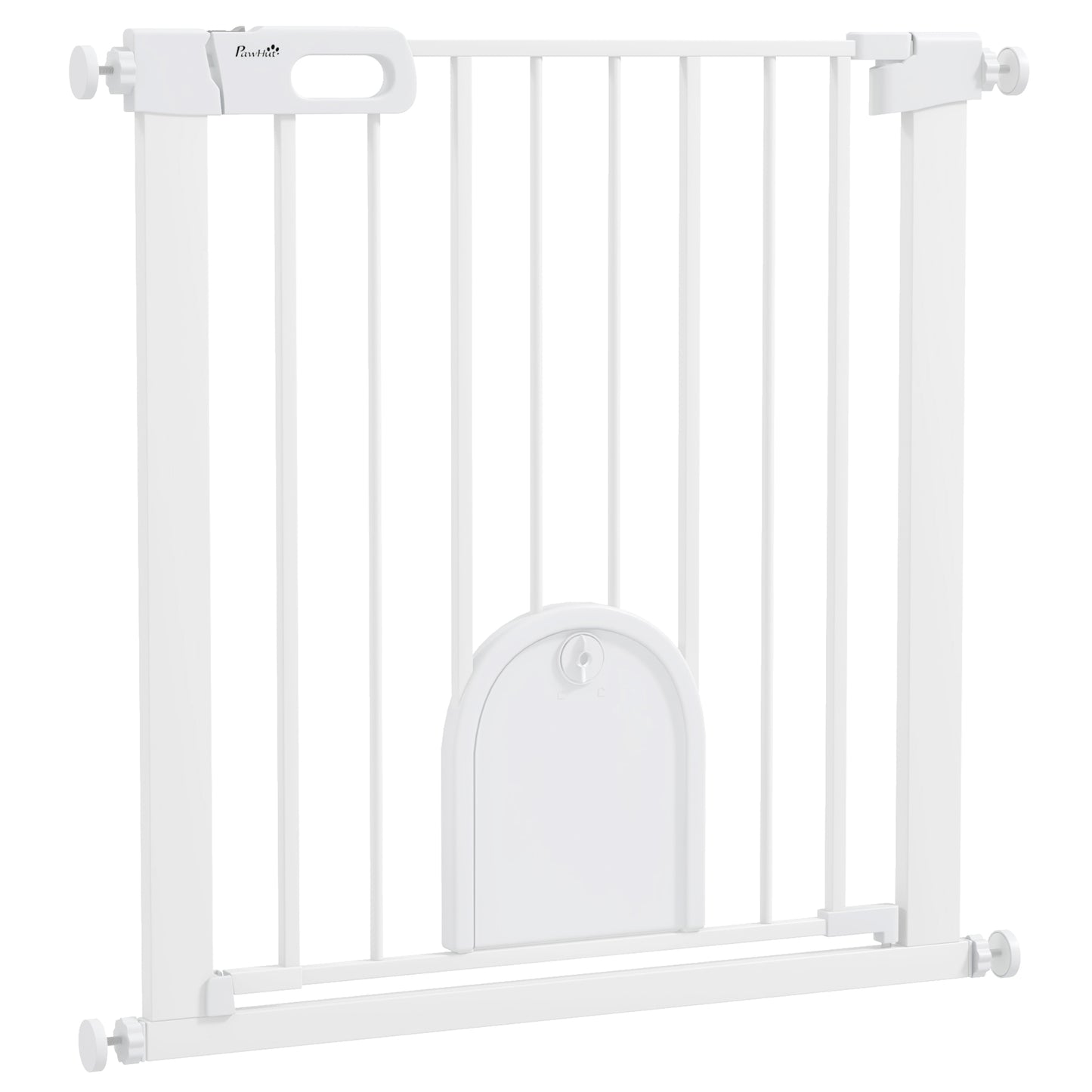 Photo of PawHut 75-82cm Pet Safet Gaye, Pressure Fit Stair, with Cat Flap, Double Locking, White in White colour on a white background
