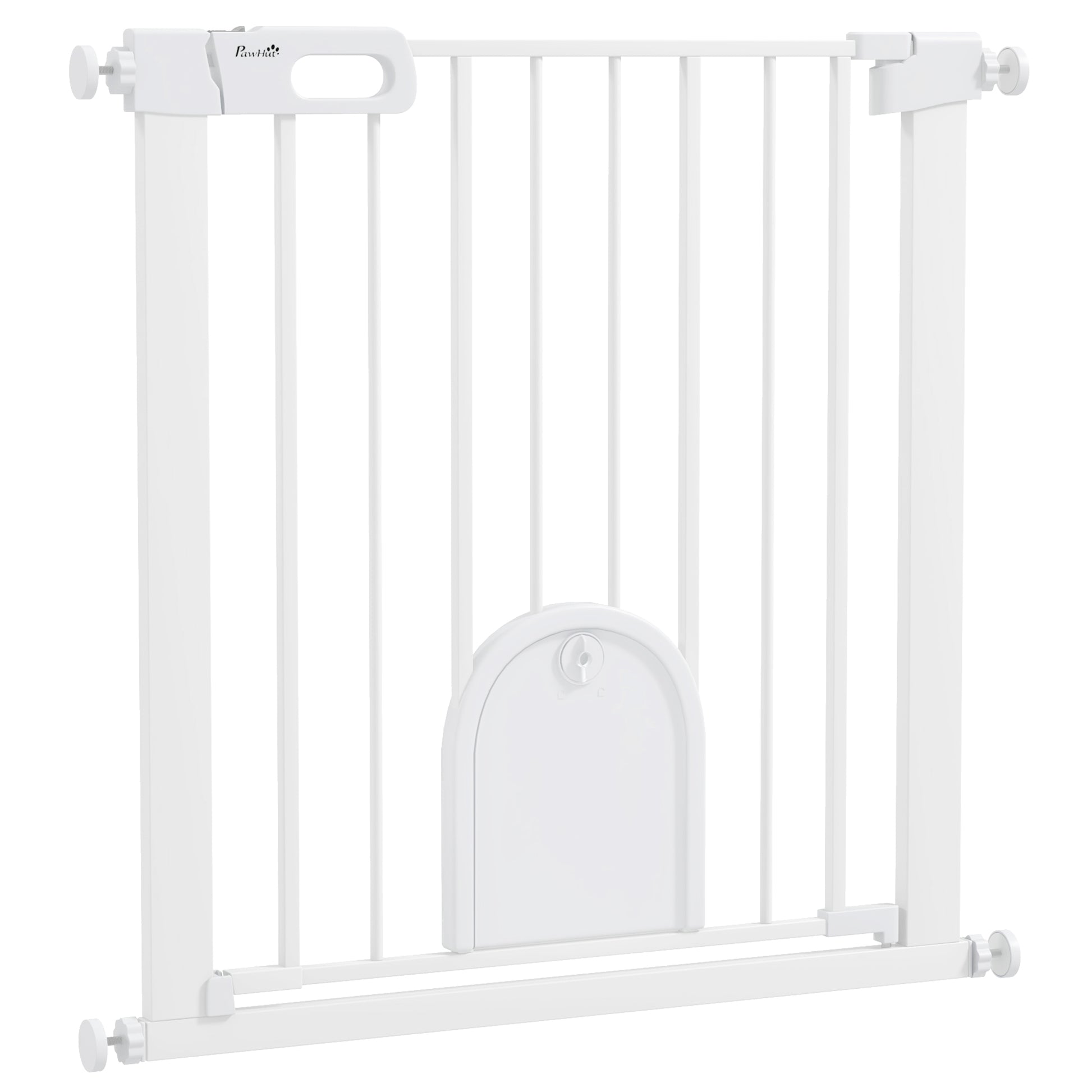 Photo of PawHut 75-82cm Pet Safet Gaye, Pressure Fit Stair, with Cat Flap, Double Locking, White in White colour on a white background