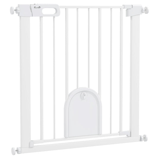 Photo of PawHut 75-82cm Pet Safet Gaye, Pressure Fit Stair, with Cat Flap, Double Locking, White in White colour on a white background