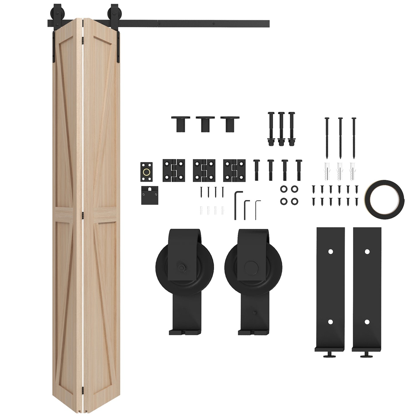 Photo of HOMCOM 4FT/122CM Bi-Folding Sliding Barn Door Hardware Track Kit, Heavy Duty Sliding Door Kit for 2 Doors with J Shape Hanger in Hanger colour on a white background