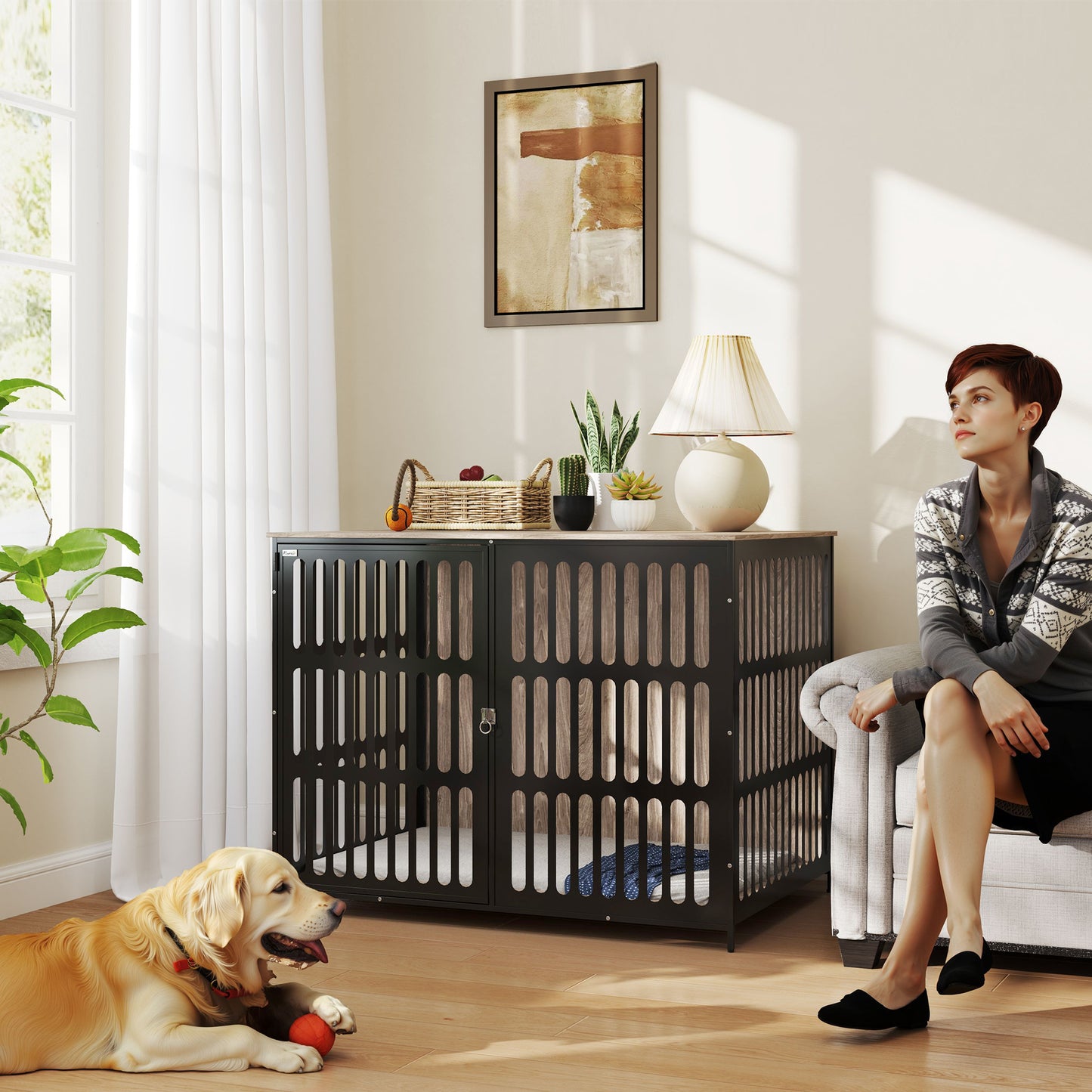 PawHut Dog Crate Furniture with Anti-Chew Resistant Mesh, Anti-Escape Single Door, for Extra Large Dogs, 118 x 80 x 92 cm