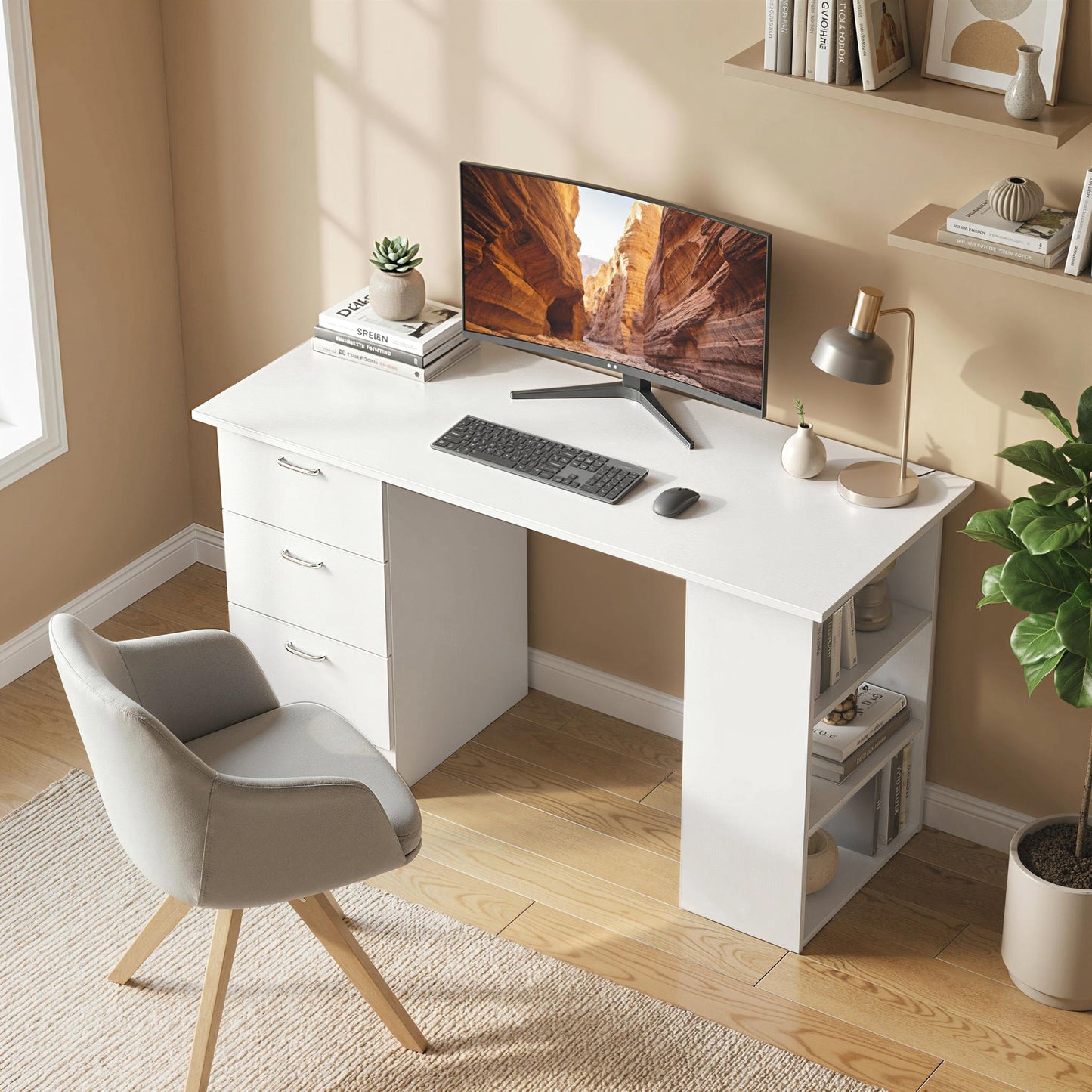HOMCOM Computer Desk with Drawers, Home Office Desk, Writing Table, PC Workstation with 3 Storage Shelves for Working, Study, 120 x 49 x 72 cm, White