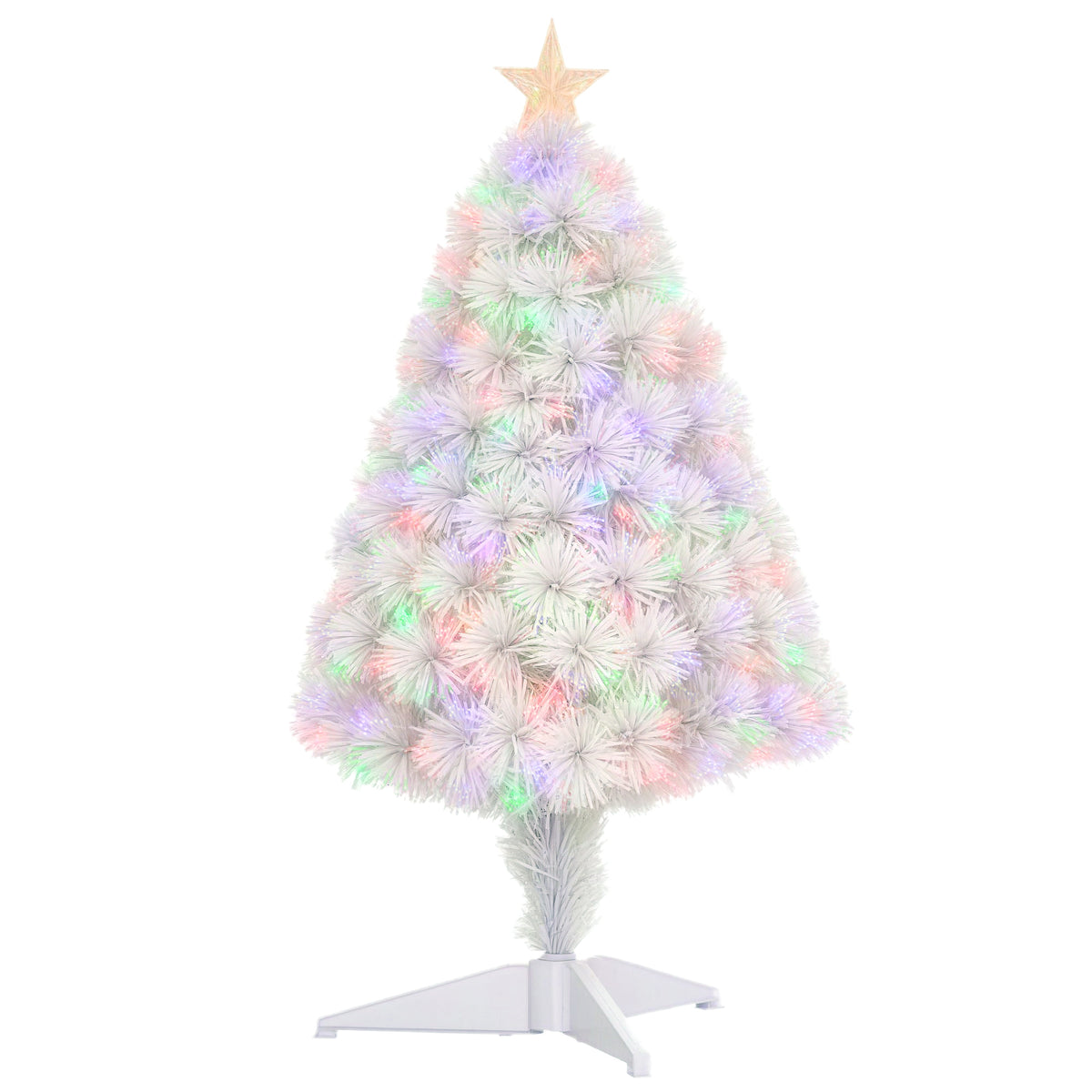 White artificial Christmas tree with a star topper, multicolour fibre-optic lights and a stand.