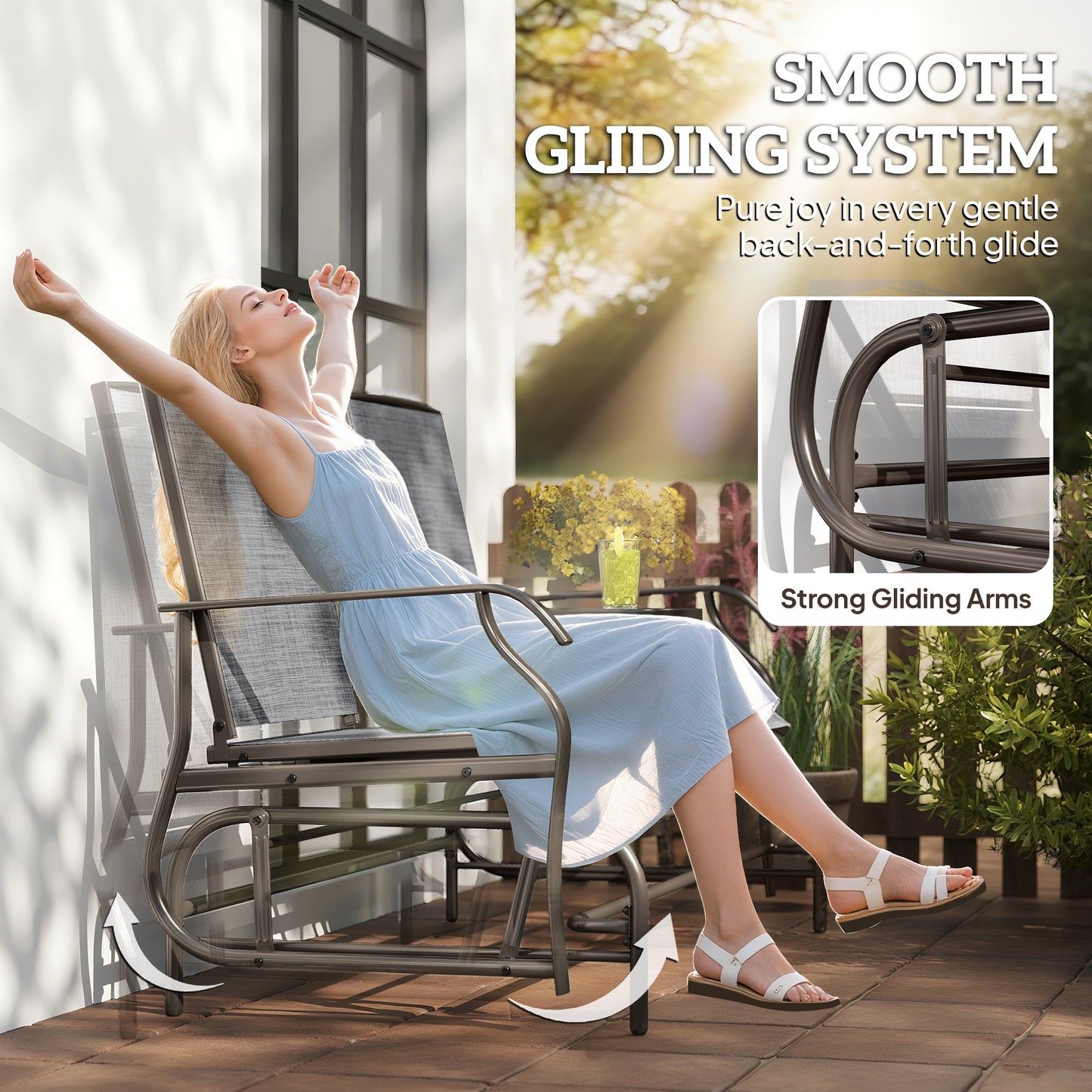 Outsunny 2 Seats Garden Glider Bench, Metal Frame Loveseat with Glass Top  Centre Table, Porch Rocking Glider for 2 Person, for Deck, Patio, Brown/ Grey