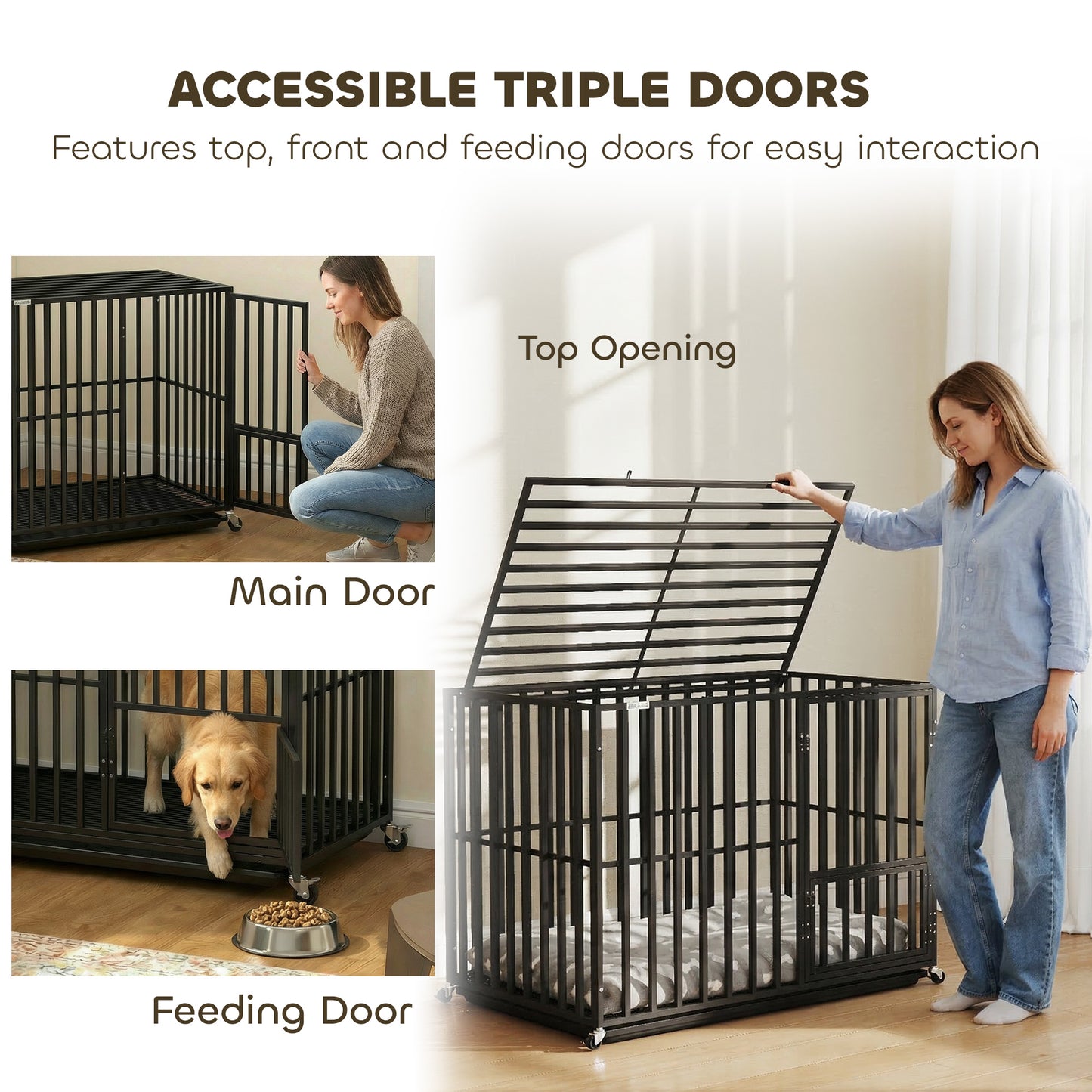 PawHut Heavy Duty Dog Crate, Dog Cage with Wheels for Medium Large Breeds with Removable Tray, Black