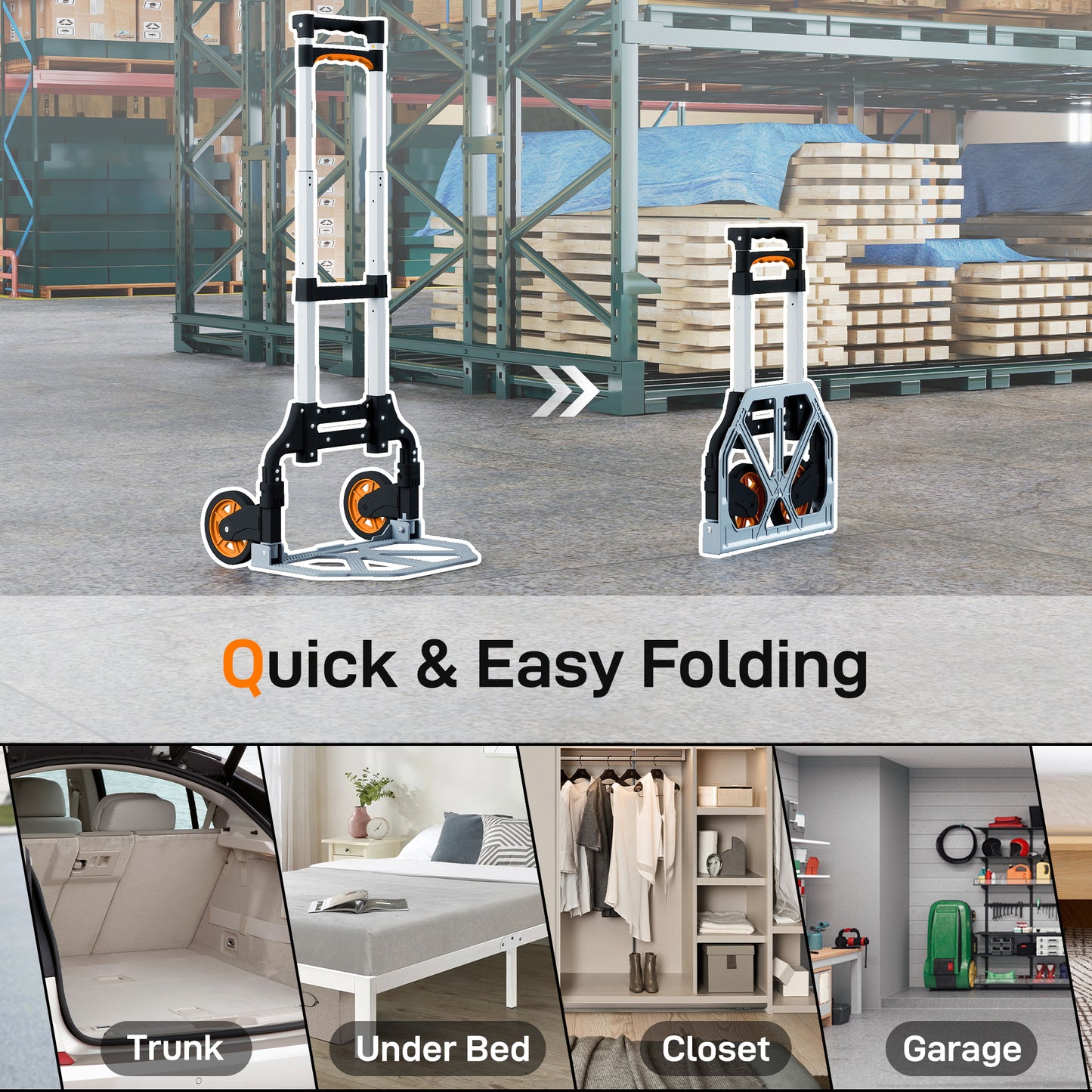 HOMCOM Folding Sack Truck, 70kg Lightweight Hand Truck with Wheels, Foldable Trolley Cart with Telescoping Handle for Warehouse, Office, Luggage, Silver Tone