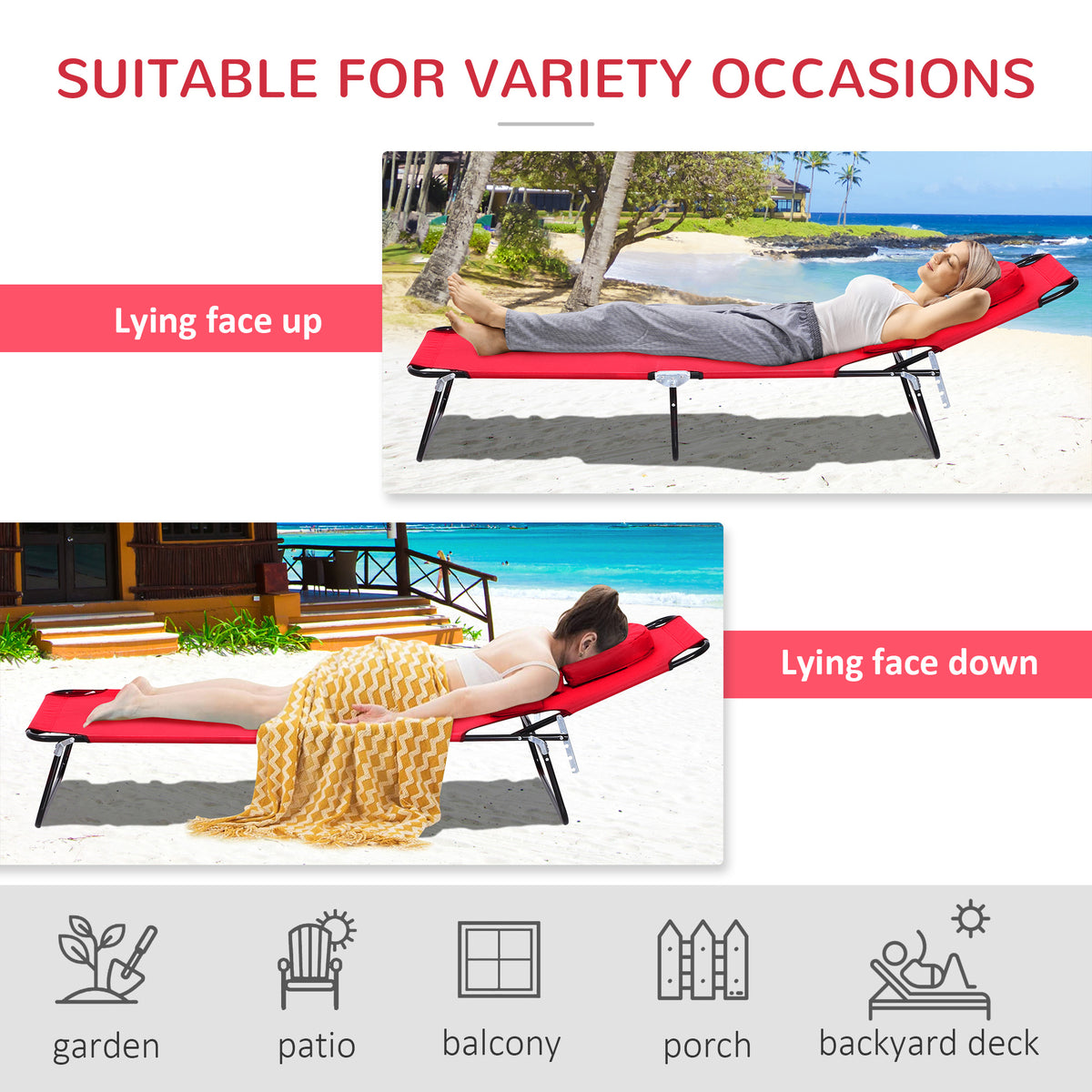 Outsunny Folding Sun Lounger with Face Hole, 4-Position Adjustable Backrest Garden Recliner Chair Sunbed, Outdoor Lounge Chair with 600 D Oxford Cloth Seat, Pillow for Beach, Red
