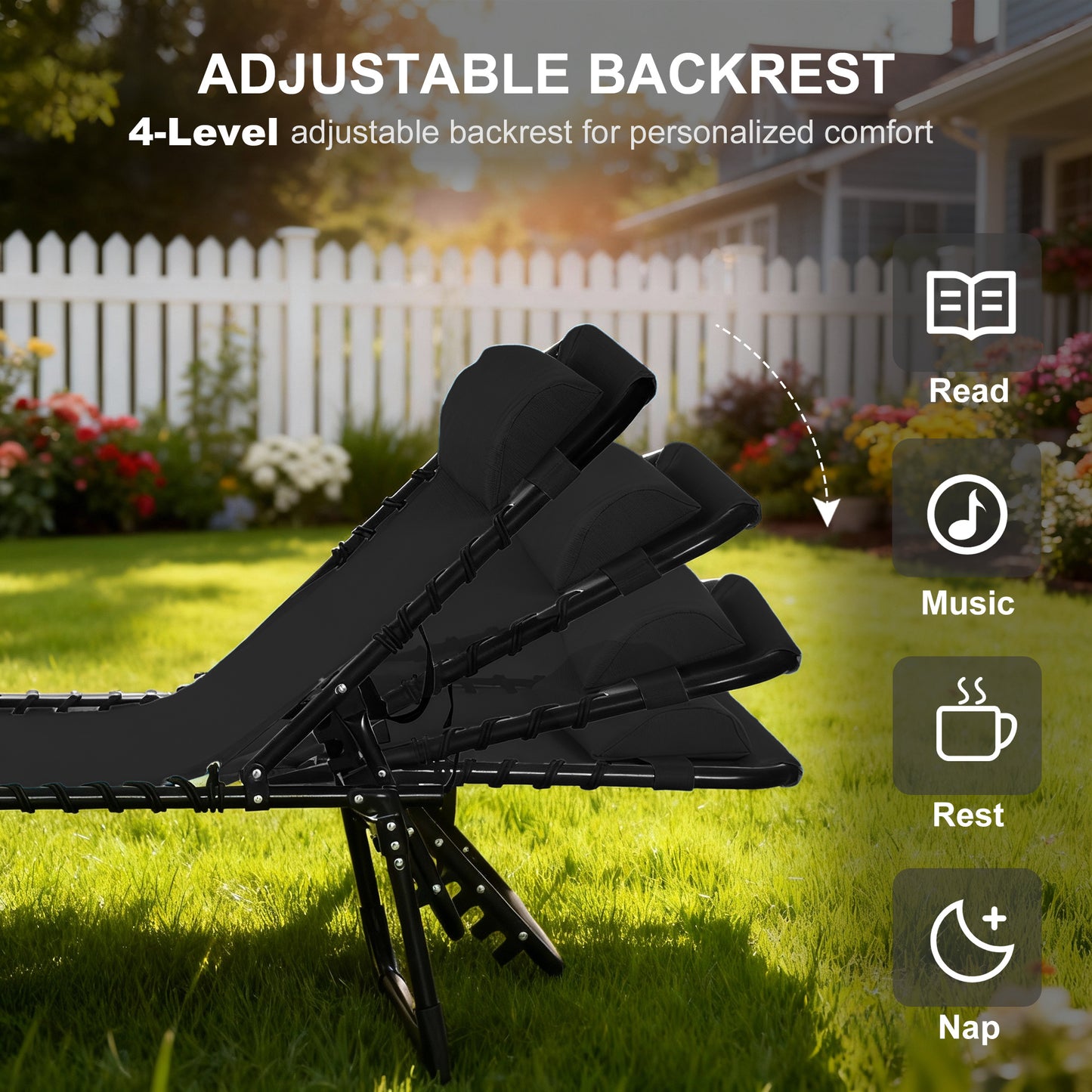 Outsunny Foldable Sun Lounger, Outdoor 4 Level Adjustable Backrest Reclining Chaise Chair, Steel Frame Recliner Chair for Camping, Hiking, Black