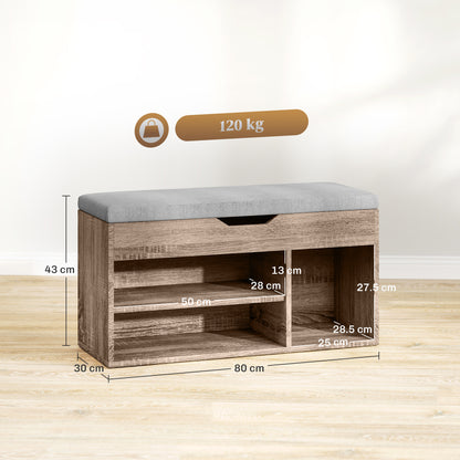 Shoe storage bench with gray padded seat, wood-grain finish, 80 cm wide and 43 cm high