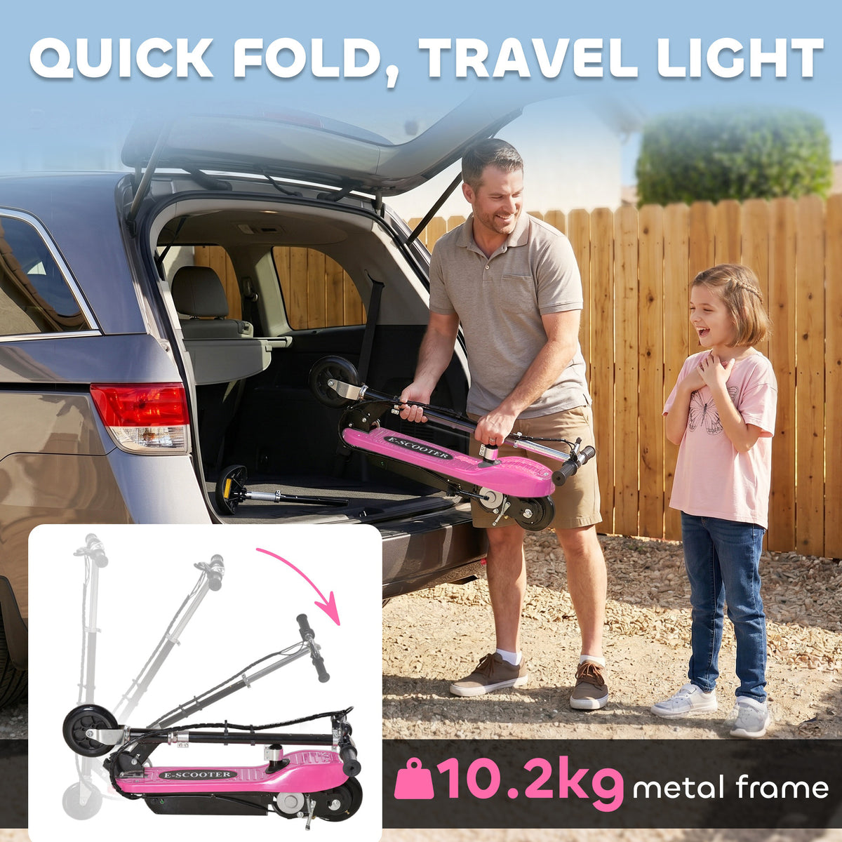 Folded pink HOMCOM scooter being placed in a car trunk; metal frame weighs 10.2 kg