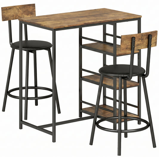 Photo of HOMCOM Space Saving Bar Table and PU Leather Stools for 2, 3 Piece Breakfast Bar Table Set with Storage Shelves, Rustic Brown in Brown colour on a white background