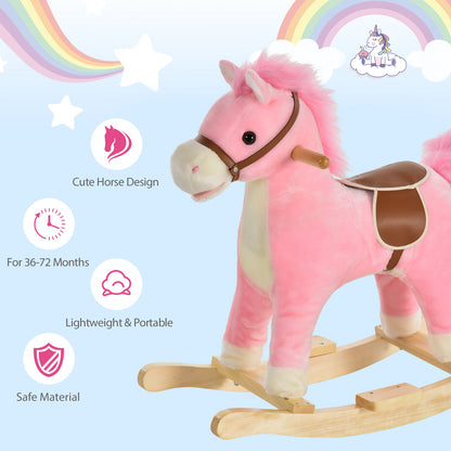 Pink plush horse rocker with brown saddle, cream accents and wooden rockers.