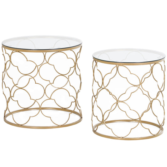 Photo of HOMCOM Nesting Tables Set of 2, Modern Stacking Side End Table with Tempered Glass Top, Metal Frame for Living Room Bedroom Office, Gold Tone in Tone colour on a white background