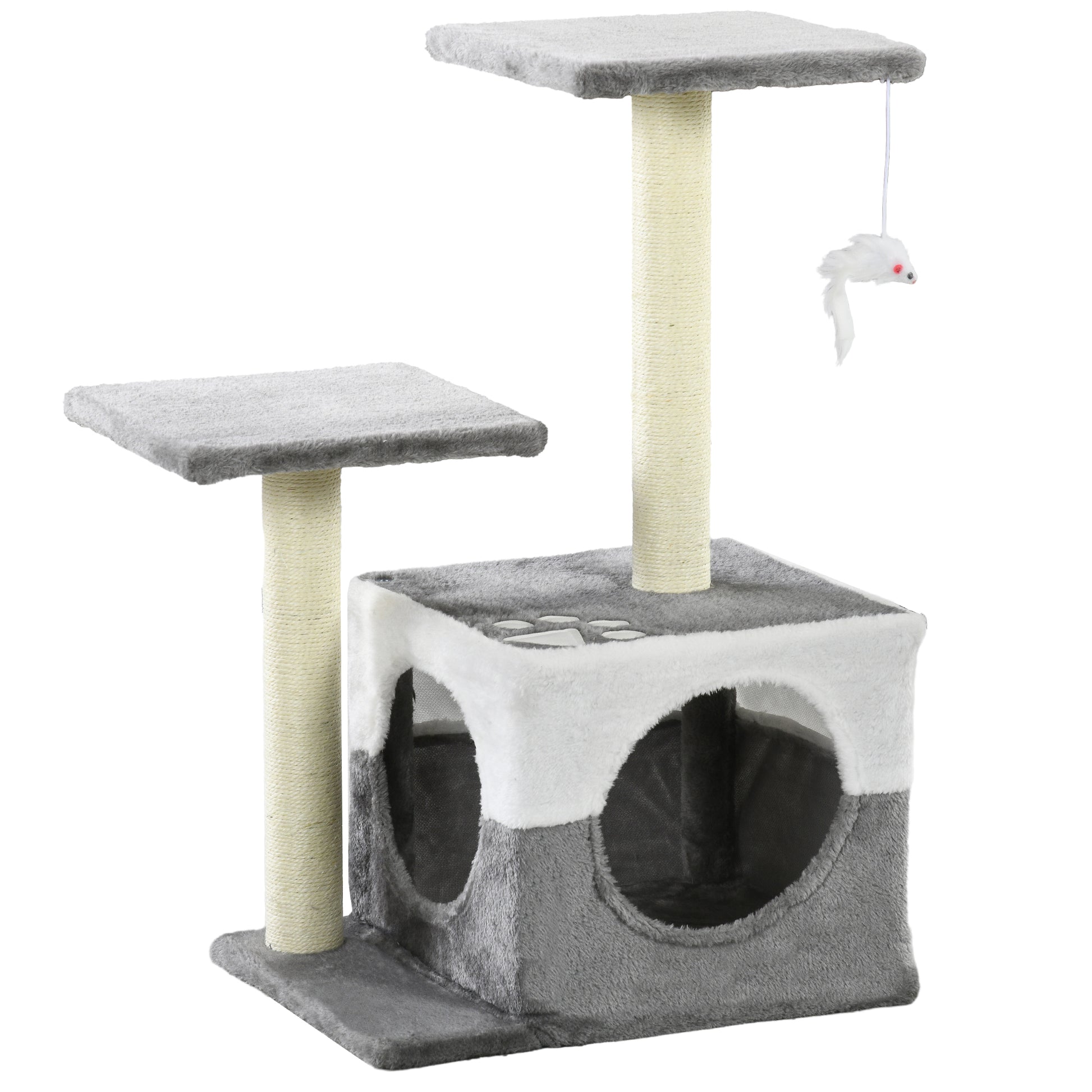 Photo of PawHut Cat Tree w/ Sisal Scratching Posts, House, Perches, Toy Mouse, Grey in Grey colour on a white background