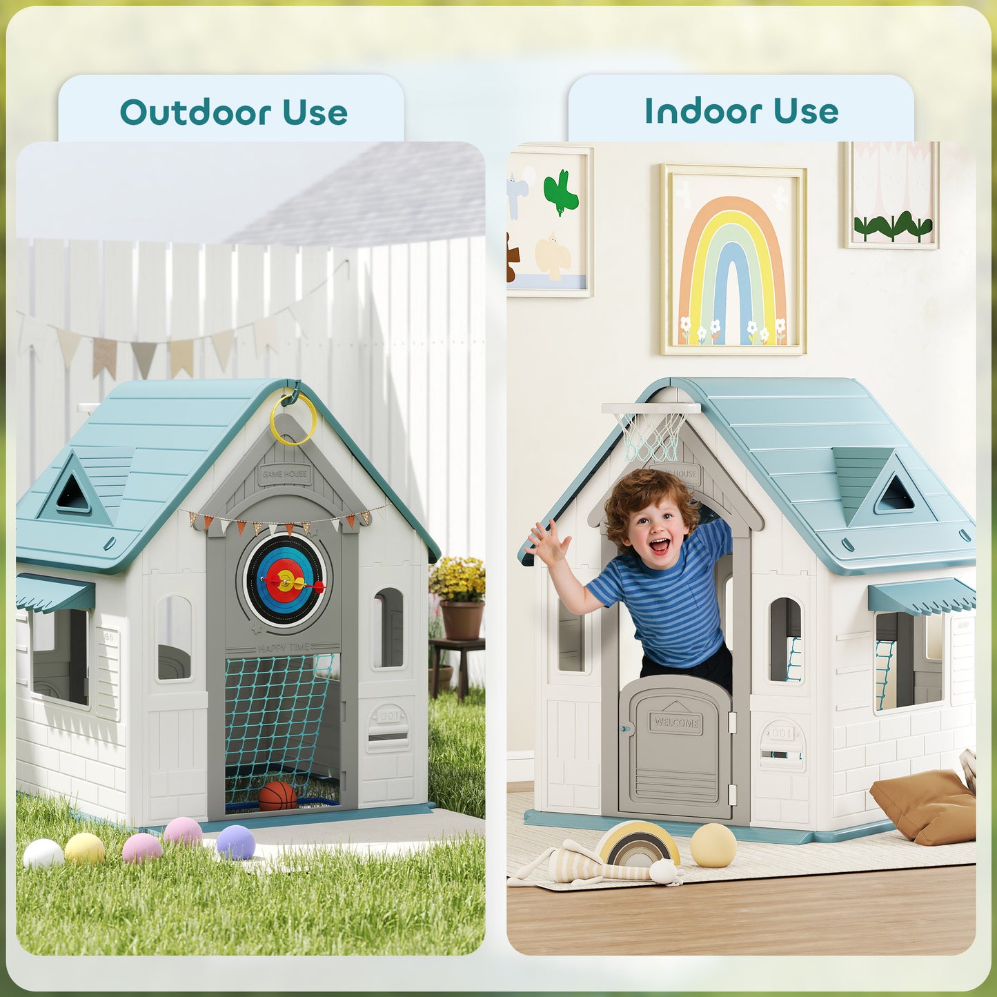 AIYAPLAY 5-in-1 Playhouse for Kids Outdoor Indoor with Basketball Hoop, Football Goal, Dartboard, Ring Toss for 2-5 Years, Beige