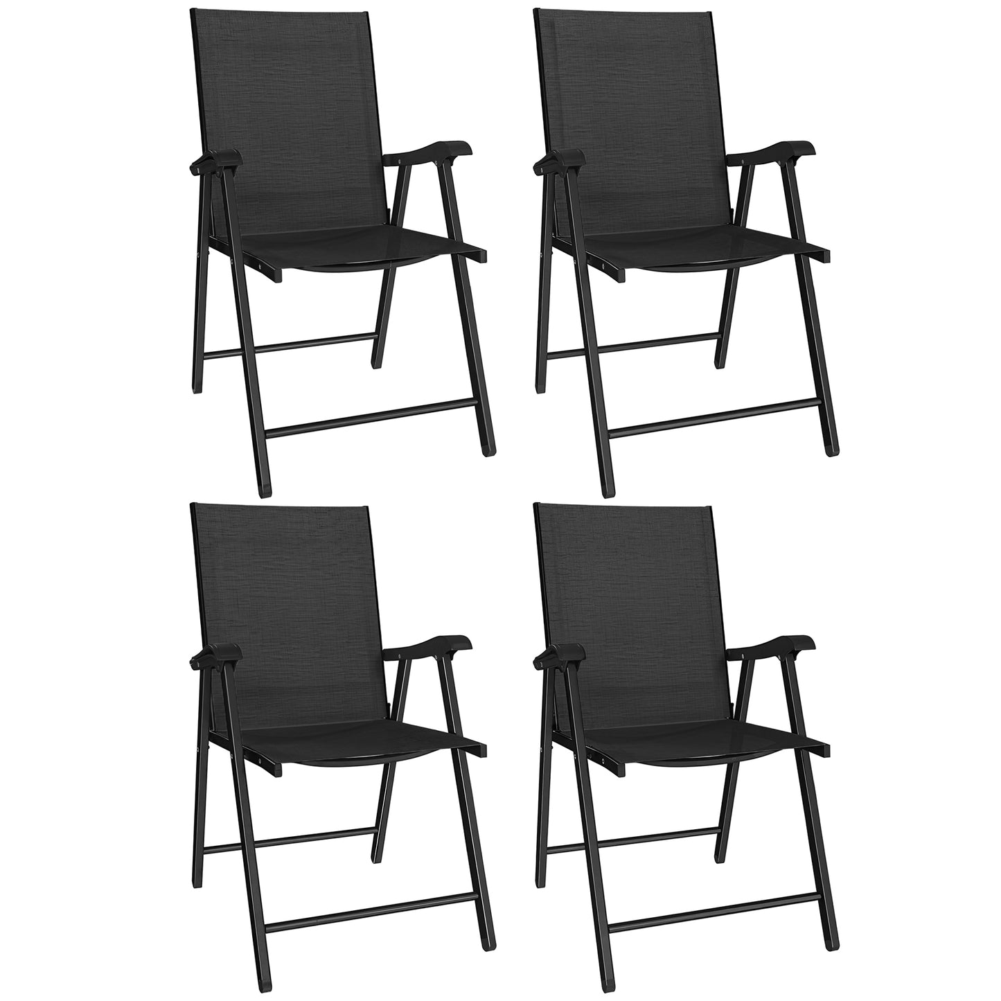 Photo of Outsunny Folding Garden Chairs Set of 4, Foldable Garden Dining Chairs with High Back, Armrests, Texteline Seat, Black in Black colour on a white background