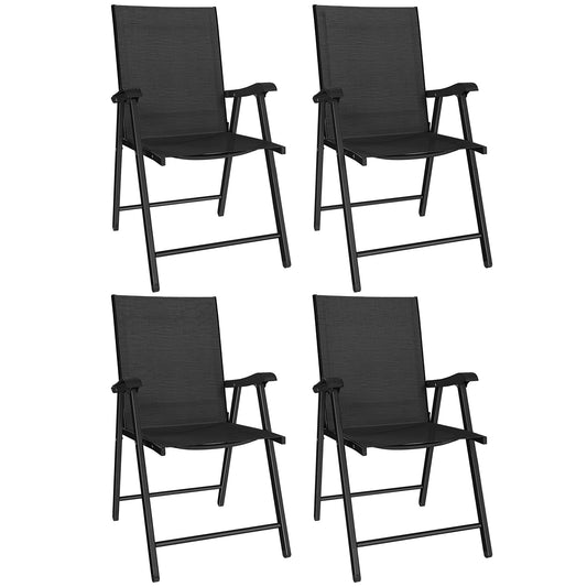 Photo of Outsunny Folding Garden Chairs Set of 4, Foldable Garden Dining Chairs with High Back, Armrests, Texteline Seat, Black in Black colour on a white background