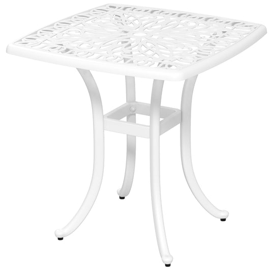 Photo of Outsunny Cast Aluminium Bistro Table, Outdoor Square Side Table with Umbrella Hole, Garden Table for Balcony, White in White colour on a white background