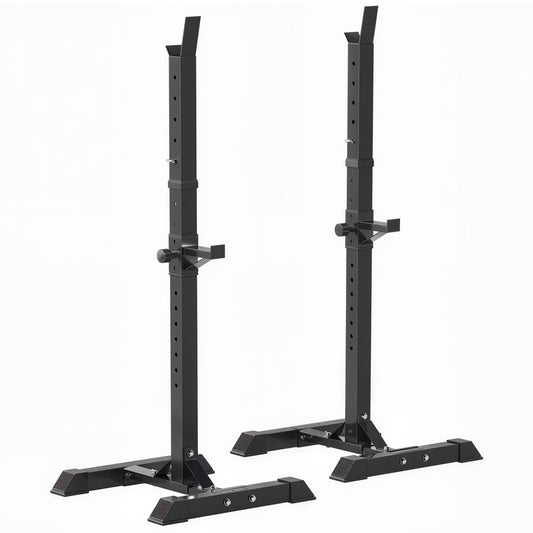 HOMCOM adjustable squat rack with two black steel uprights and wide stabilizing feet