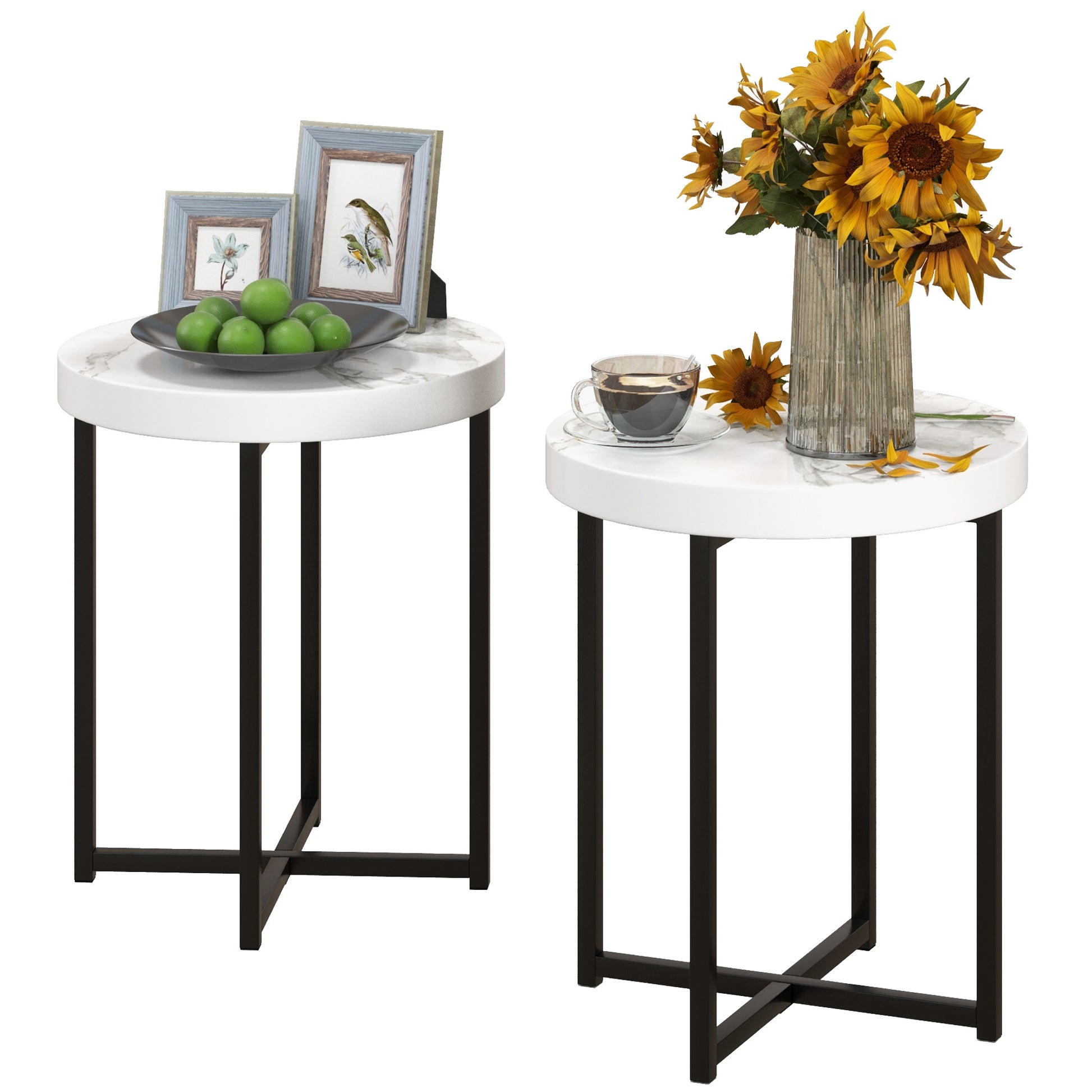 Photo of HOMCOM Set of 2 Round Side Table with Metal Legs, Modern End Table Bedside Table for Living Room, Bedroom, White in White colour on a white background