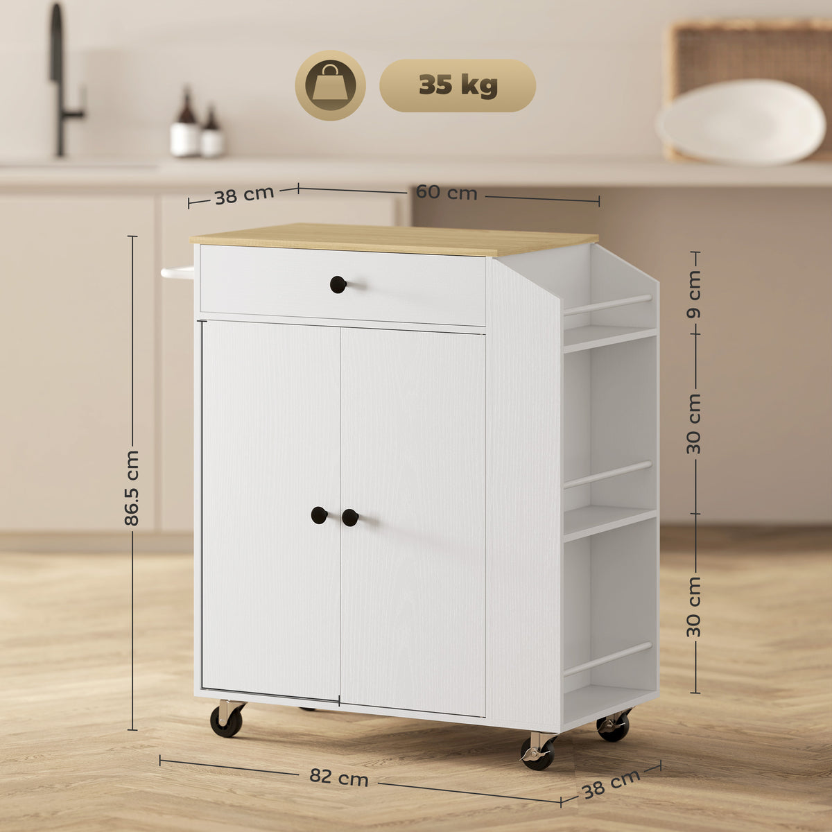 Rolling kitchen island with countertop, drawer, cabinet, side shelves and product dimensions