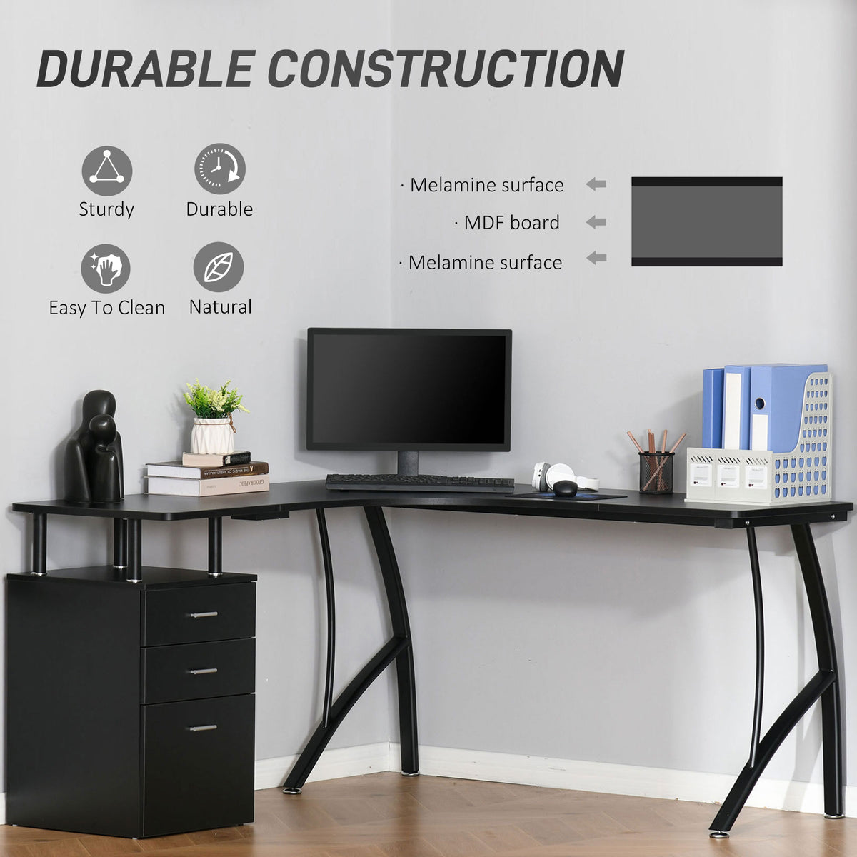 HOMCOM black L-shaped desk with three-drawer cabinet and melamine work surface