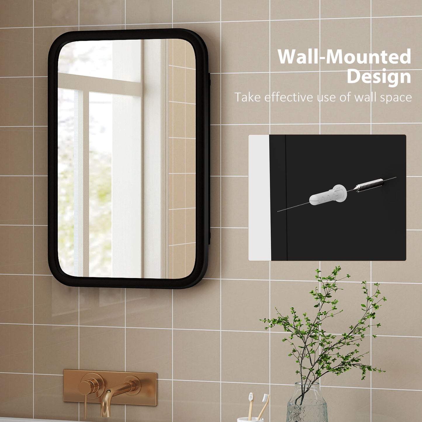 HOMCOM Bathroom Wall Cabinet with Tempered Mirror Metal Bathroom Mirror Cabinet with 3 Shelves Black
