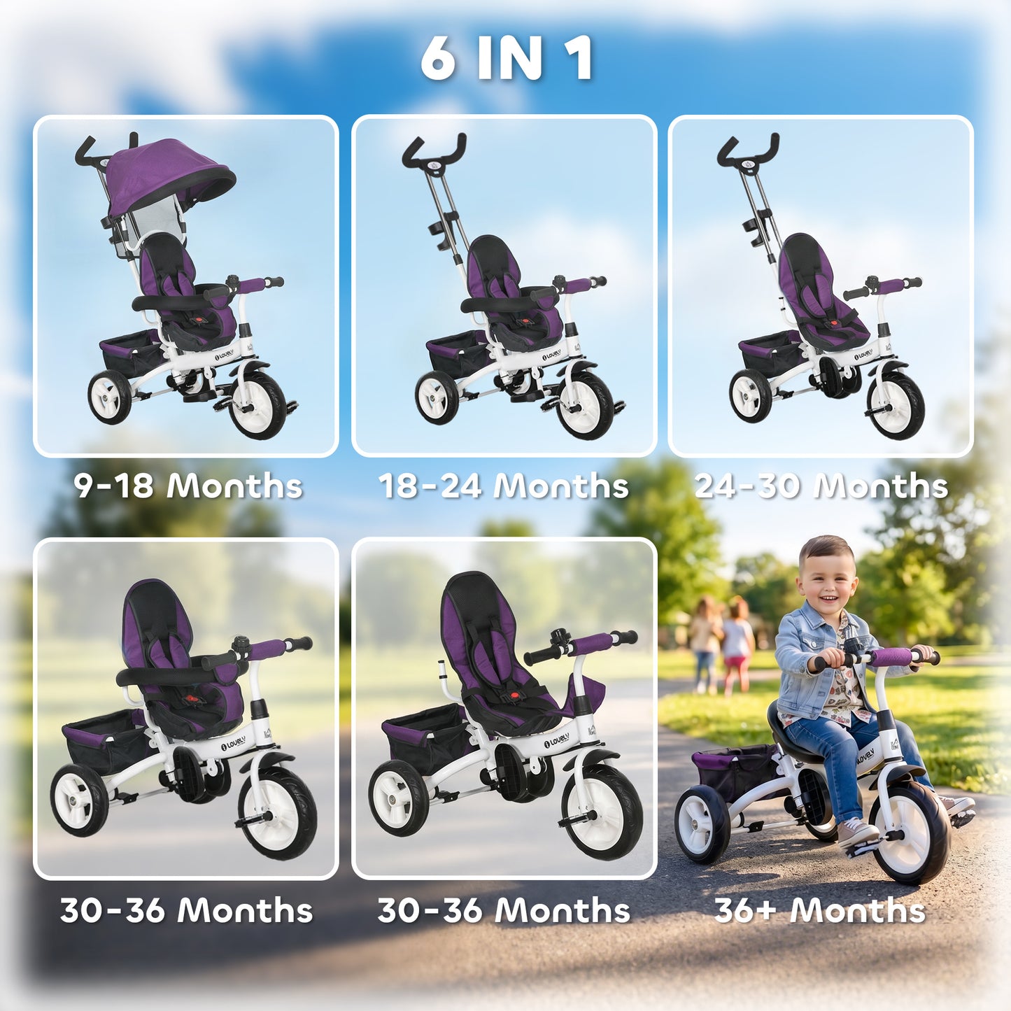 HOMCOM 6 in 1 Kids Trike Push Bike w/ Push Handle, Canopy, 5-point Seat Belt, Storage, Footrest, Brake, for 1-5 Years, Purple