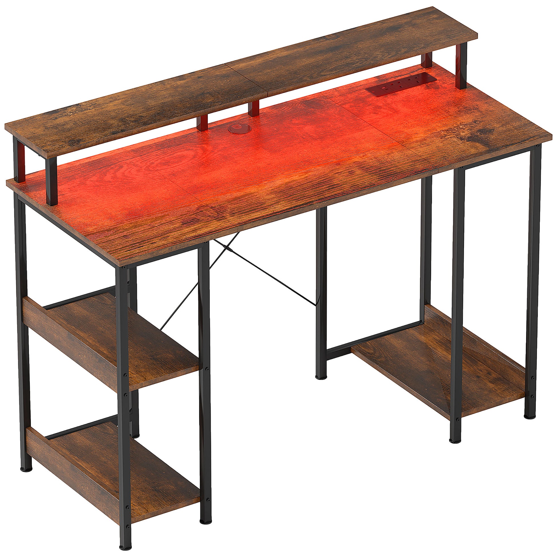 Photo of HOMCOM LED Computer Desk, with Power Outlets and Shelves - Rustic Brown in Brown colour on a white background