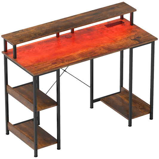 Photo of HOMCOM LED Computer Desk, with Power Outlets and Shelves - Rustic Brown in Brown colour on a white background