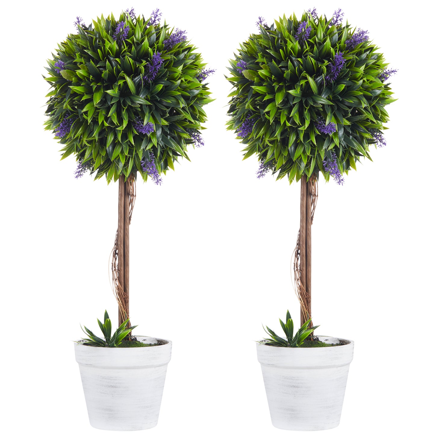 Photo of HOMCOM Set of 2 Decorative Artificial Plants Ball Trees with Lavender Flowers in Pot Fake Plants for Home Indoor Outdoor Decor, 60cm, Green in Green colour on a white background