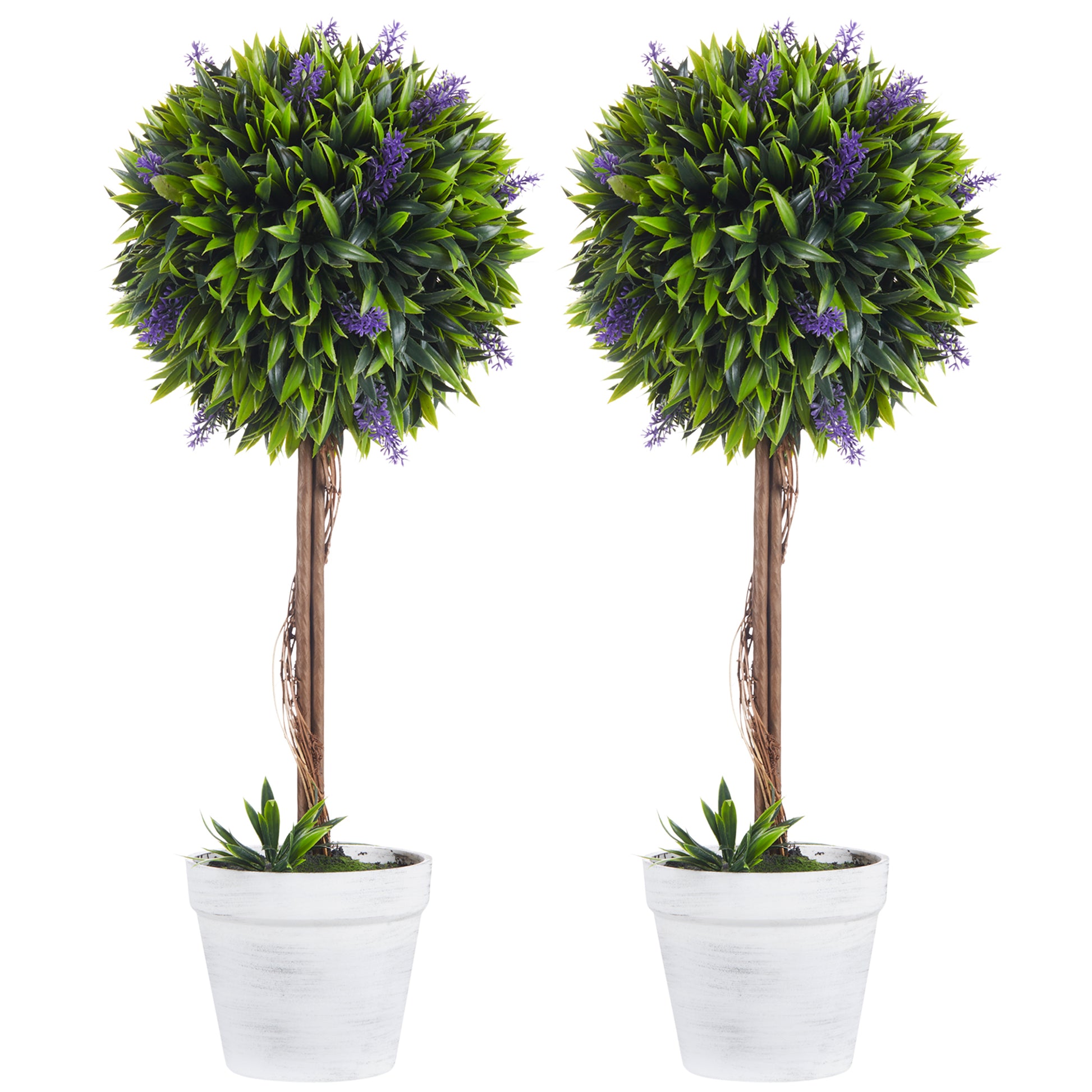 Photo of HOMCOM Set of 2 Decorative Artificial Plants Ball Trees with Lavender Flowers in Pot Fake Plants for Home Indoor Outdoor Decor, 60cm, Green in Green colour on a white background