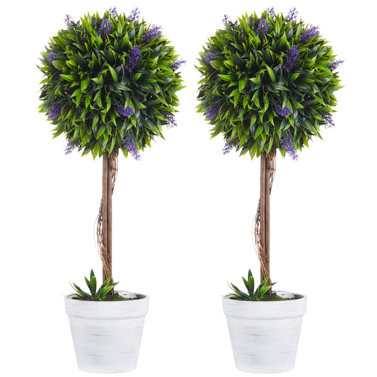 Photo of HOMCOM Set of 2 Decorative Artificial Plants Ball Trees with Lavender Flowers in Pot Fake Plants for Home Indoor Outdoor Decor, 60cm, Green in Green colour on a white background