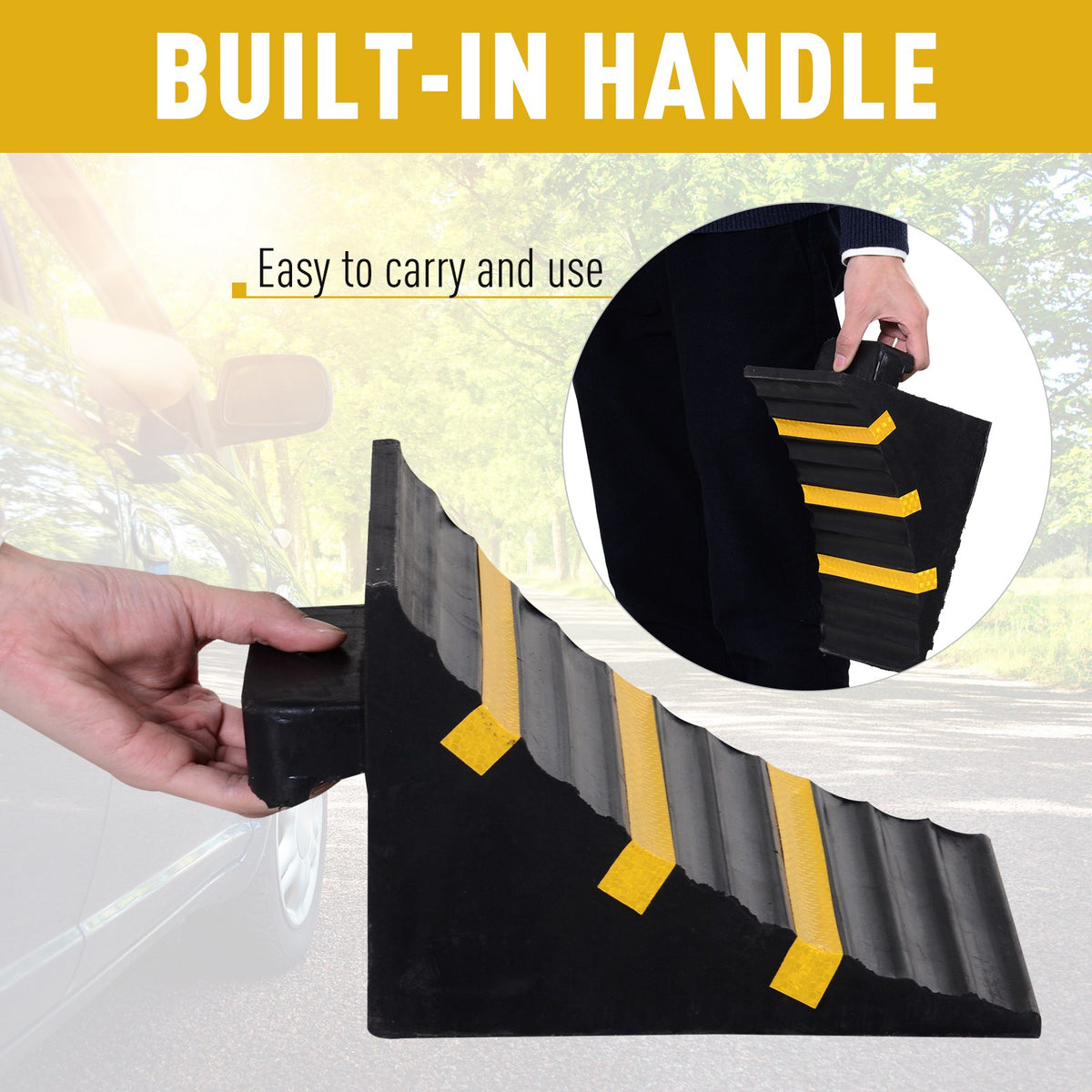Rubber wheel chock with a built-in carry handle and yellow reflective strips