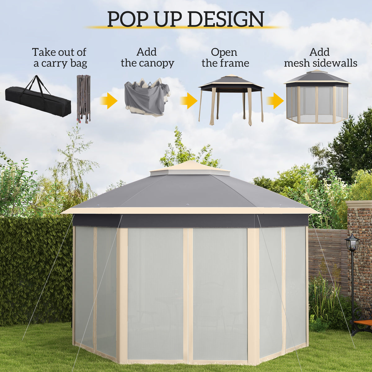 Pop-up gazebo with enclosed mesh sidewalls and double roof
