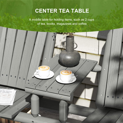 Slatted centre table between two seats on the grey wooden patio bench