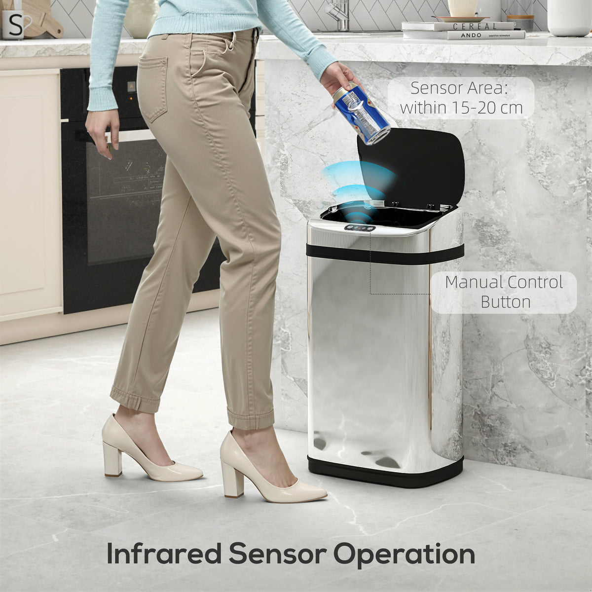 Motion sensor bin with its lid open as a hand approaches the sensor