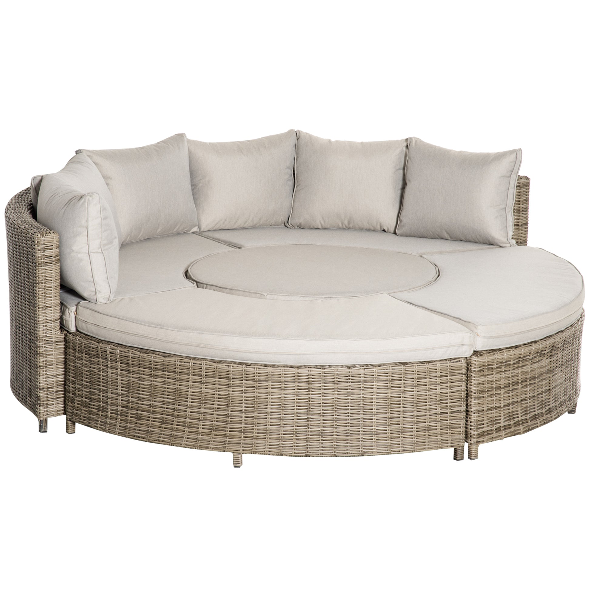 Photo of Outsunny 5 Pieces Outdoor PE Rattan Round Garden Daybed with Cushions, Aluminium Lounge Chair Conversation Sofa Set with Liftable Coffee Table and Protect Cover, Grey in Grey colour on a white background