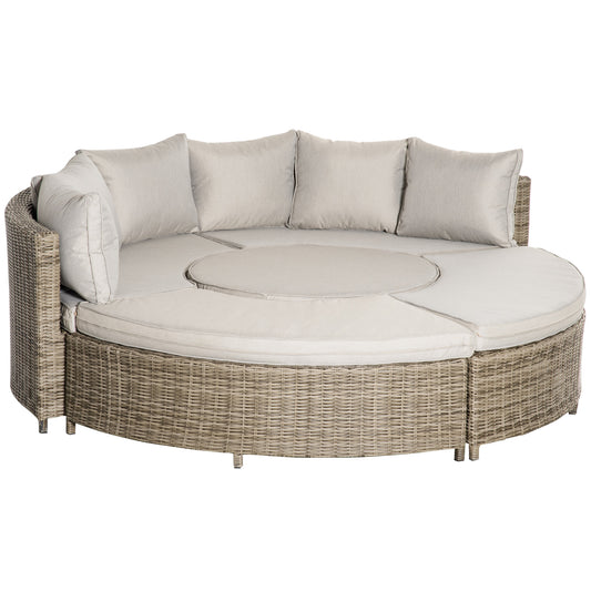 Photo of Outsunny 5 Pieces Outdoor PE Rattan Round Garden Daybed with Cushions, Aluminium Lounge Chair Conversation Sofa Set with Liftable Coffee Table and Protect Cover, Grey in Grey colour on a white background