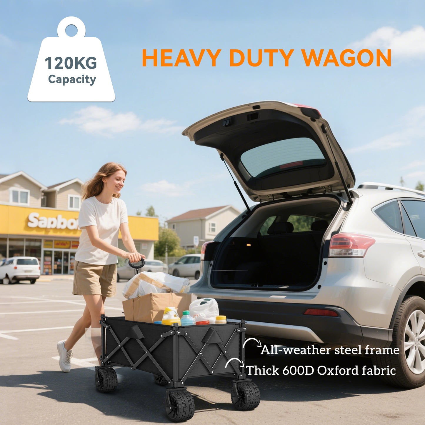 Outsunny Folding Garden Trolley, Outdoor Wagon Cart with Carry Bag, for Beach, Camping, Festival, 120KG Capacity, Black
