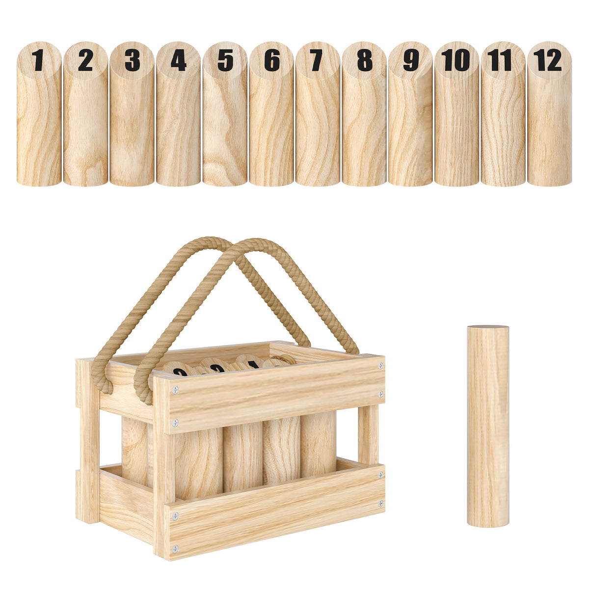 Photo of SPORTNOW Wooden Scatter Game Set, Numbered Skittles Throwing Game with 12 Skittles, 1 Throwing Pin and Carrying Box in Box colour on a white background