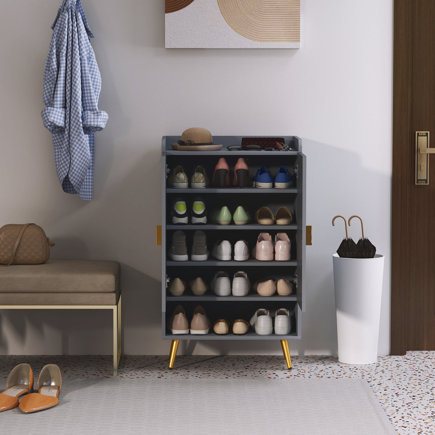 HOMCOM Modern Shoe Cabinet with 2 Doors, Open Shelf and Adjustable Shelves, 15 Pair Hallway Shoe Cupboard, Entryway Storage Unit, Light Grey