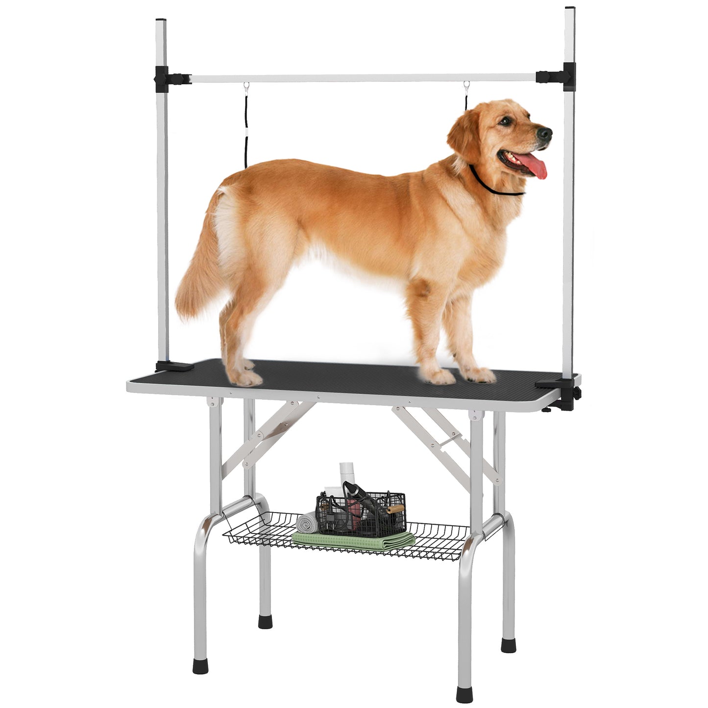 Photo of PawHut 42" Dog Grooming Table, Adjustable Pet Cat Drying Beauty Table with 2 Loops Storage Basket, Rubber Top, Black in Black colour on a white background