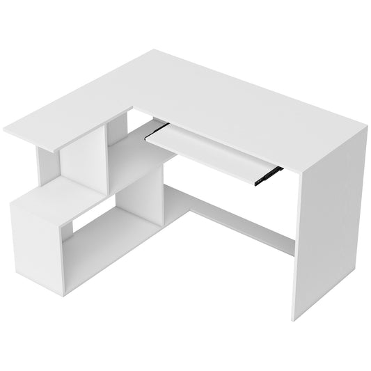 Photo of HOMCOM L-Shaped Corner Desk, Computer Desk with Keyboard Tray and Open Shelves, White Wood Effect in Effect colour on a white background