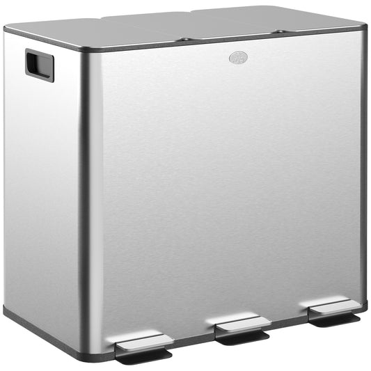 Photo of HOMCOM 3 x 15L Pedal Bin, Steel Triple Kitchen Bin with Soft Close Lid, Removable Inner Buckets, Fingerprint-Proof, Silver Tone in Tone colour on a white background