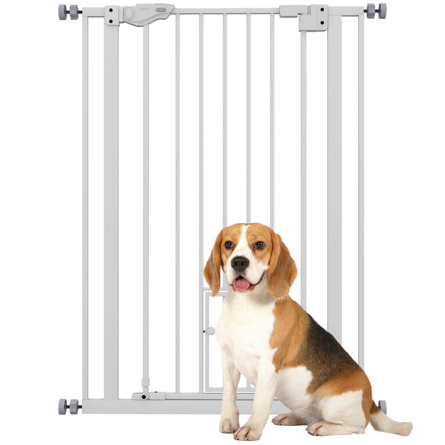 Photo of PawHut Extra Tall Pet Gate, Indoor Dog Safety Gate, with Cat Flap, Auto Close, 74-80cm Wide - White in White colour on a white background