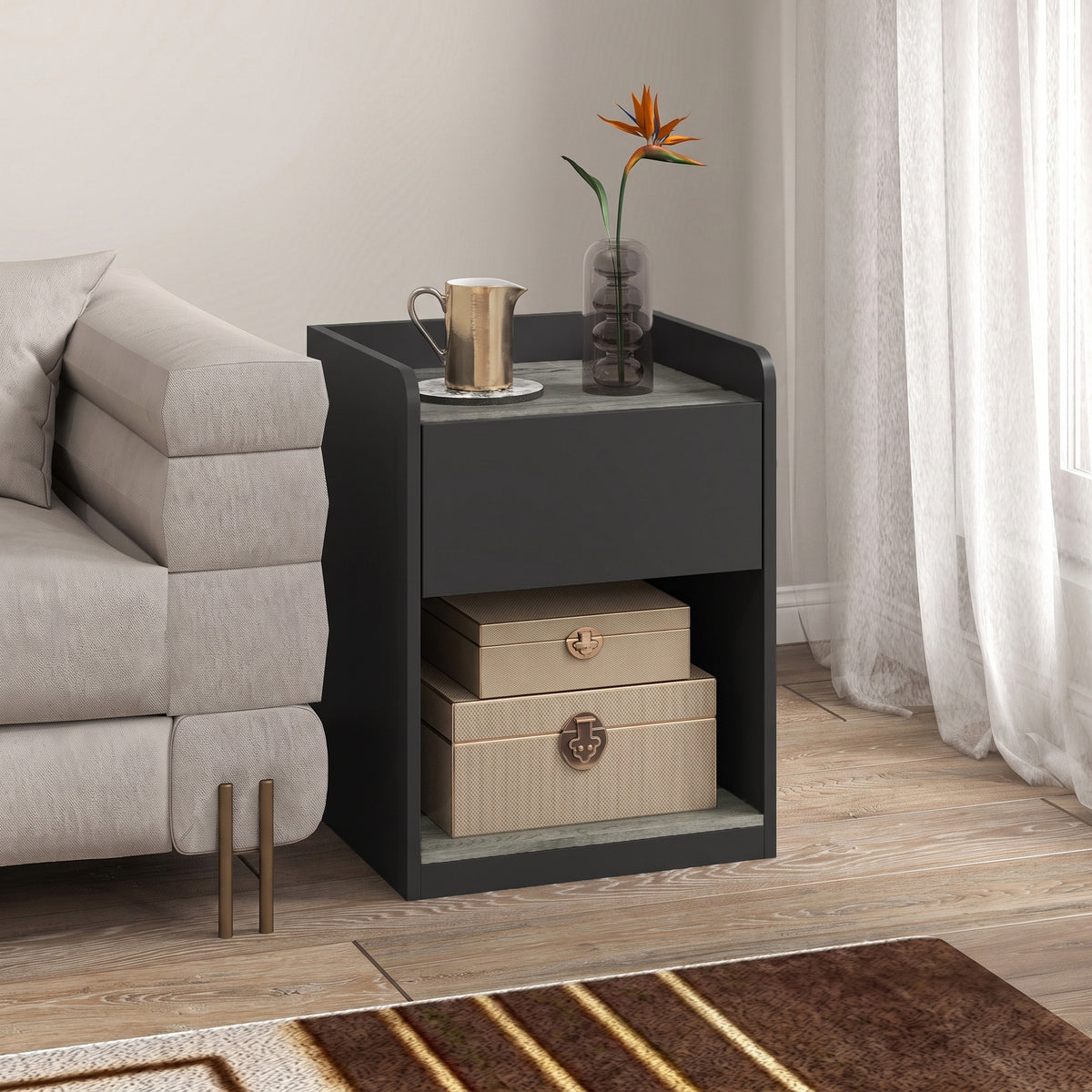 HOMCOM Modern Bedside Table, Slim Nightstand with Drawer, Shelf and Cable Holes, Black and Grey Wood Effect