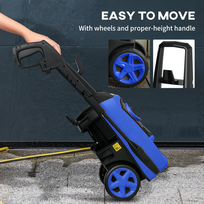 DURHAND blue pressure washer tilted on its wheels, with extended handle